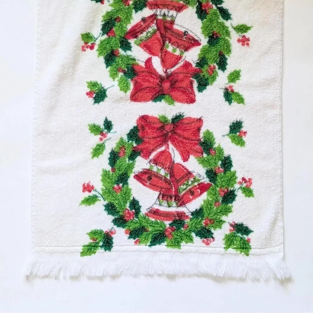 Vintage Christmas Hand Towel with Bells and Holly